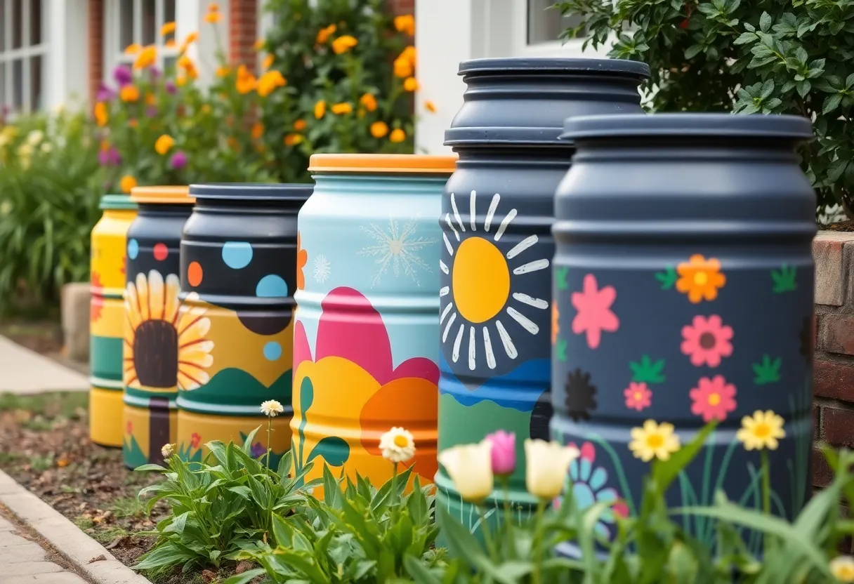 Decorative rain barrels painted by local artists in Georgetown