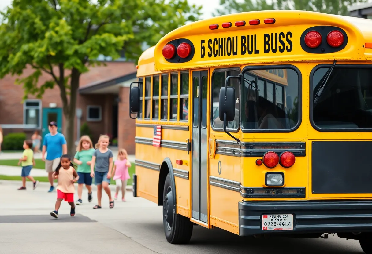 Georgetown school bus with children playing nearby