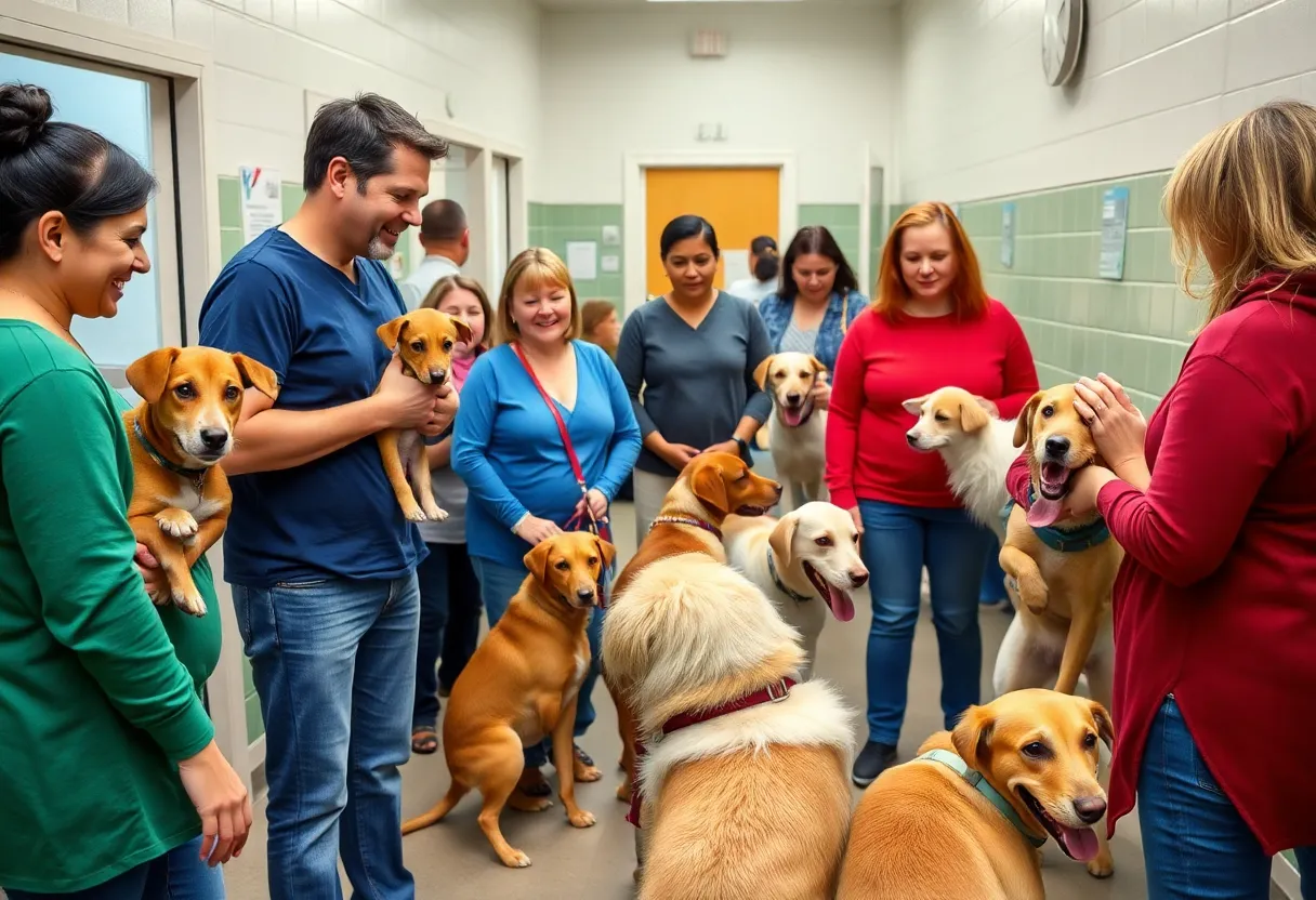 Community members at a spay and neuter clinic with their pets.