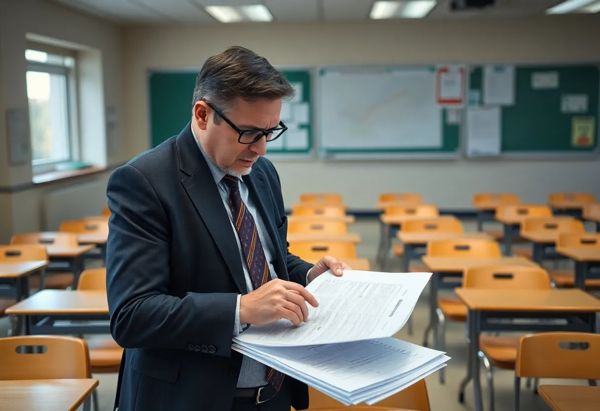 A classroom with empty desks and a distressed administrator reviewing budget cuts.