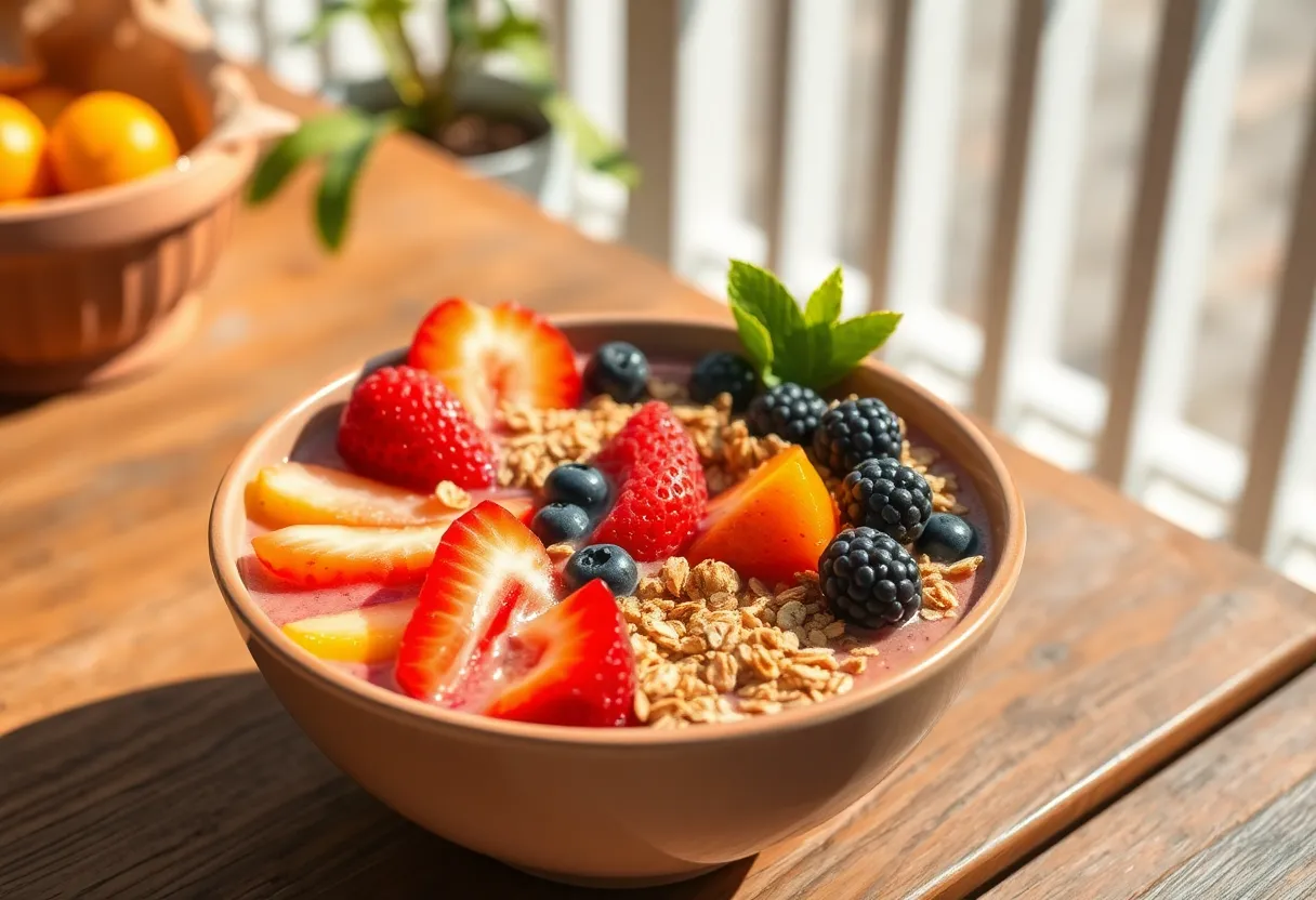 Colorful smoothie bowl with fresh fruits and granola