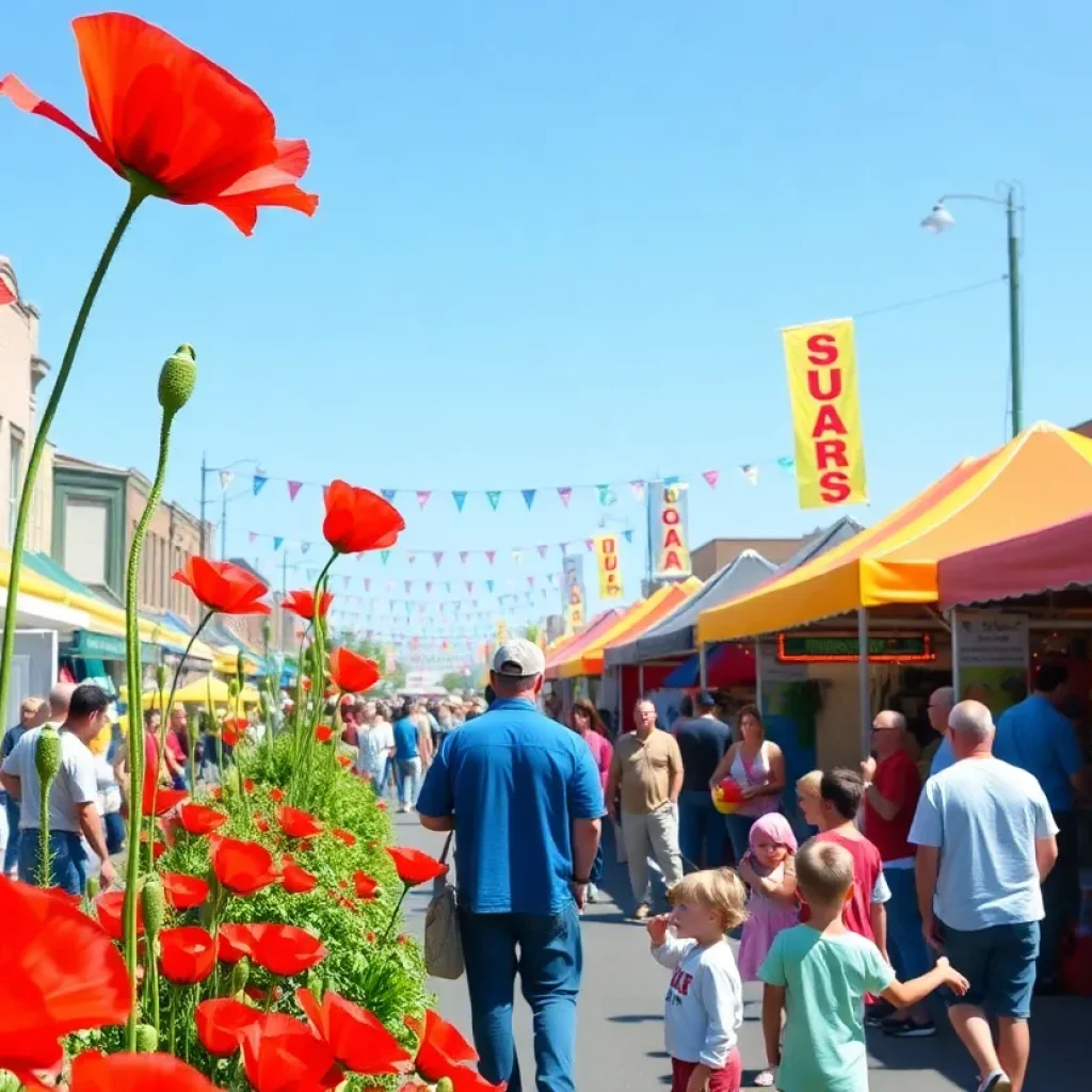 Festival attendees enjoying the Red Poppy Festival in Georgetown, with various activities and red poppy flowers in bloom.