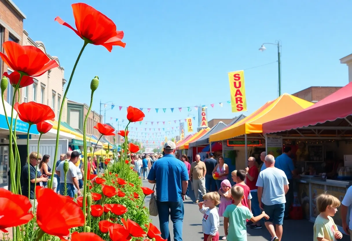 Festival attendees enjoying the Red Poppy Festival in Georgetown, with various activities and red poppy flowers in bloom.