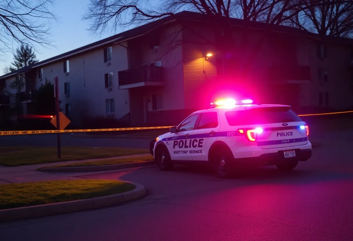 Police car and caution tape at apartment complex