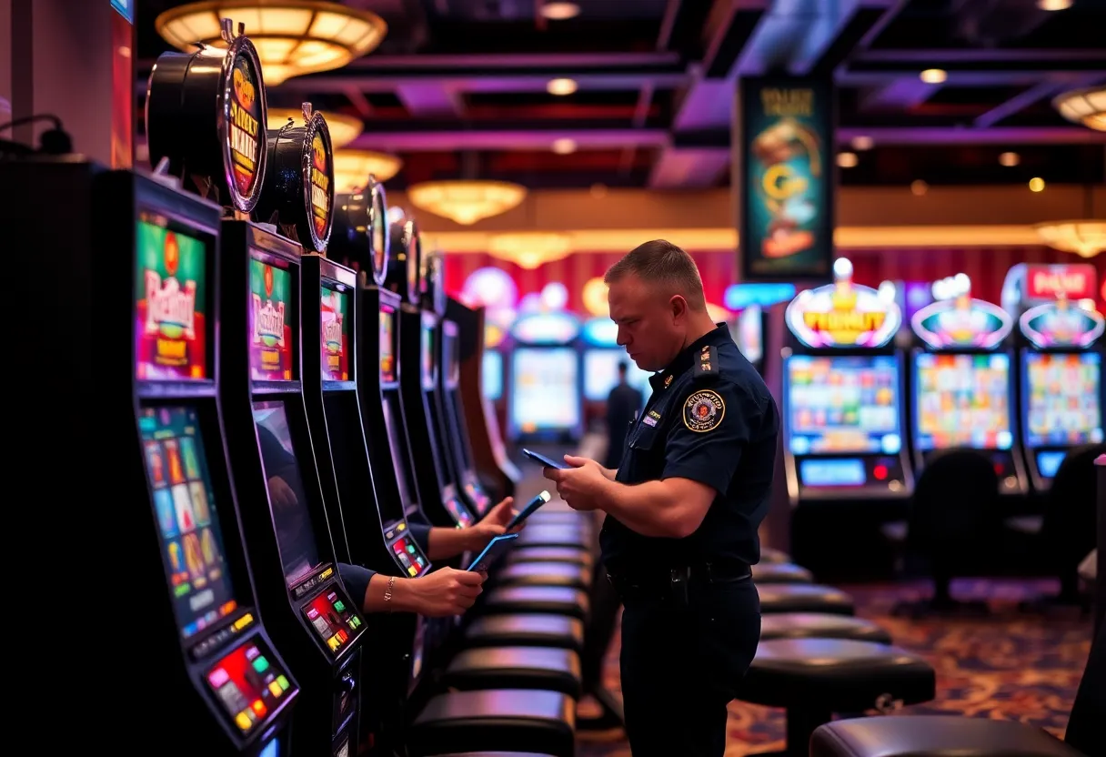 Police officers conducting a raid in a gaming lounge
