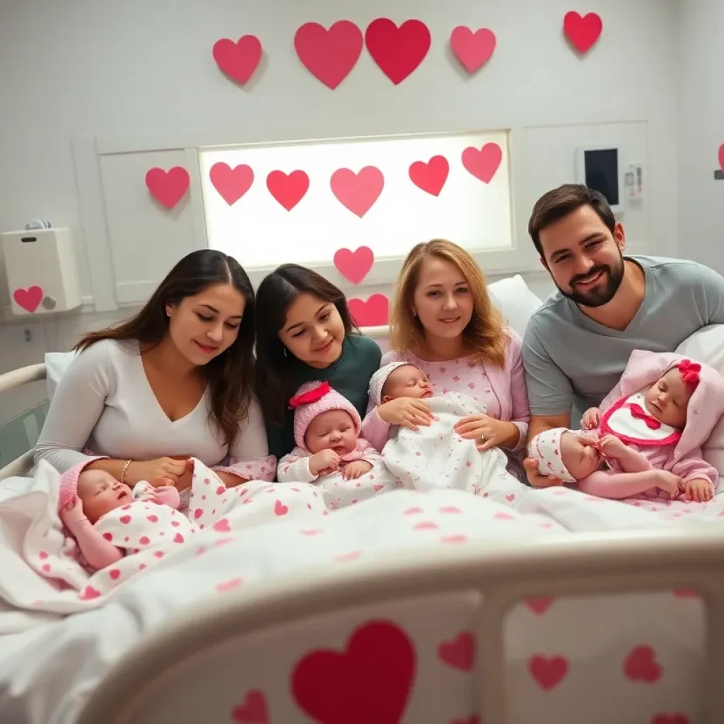 Newborns dressed in Valentine's Day outfits in a NICU