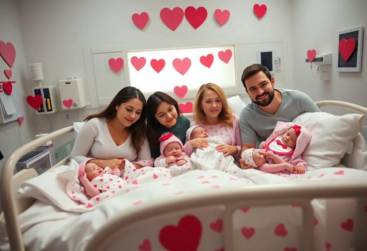 Newborns dressed in Valentine's Day outfits in a NICU