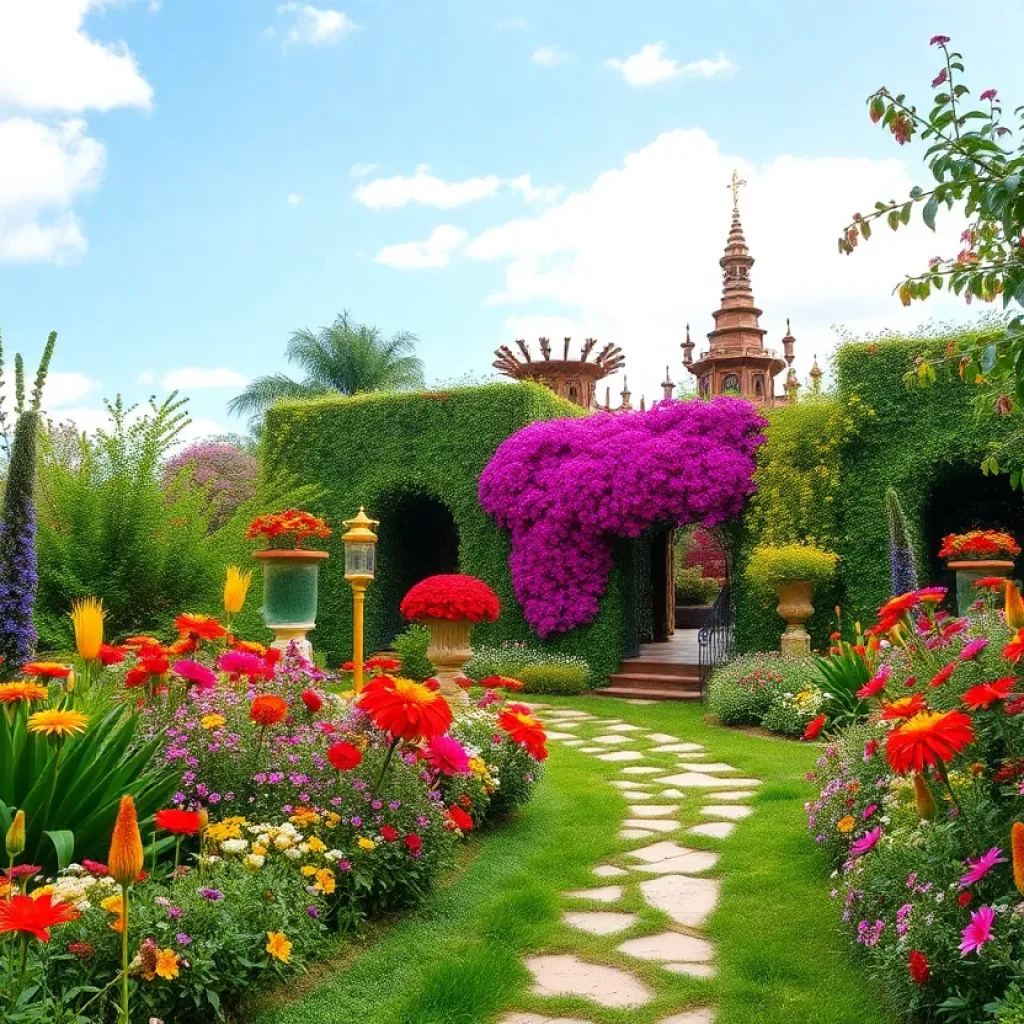 A beautiful garden filled with colorful flowers and greenery representing 'The Secret Garden' musical.