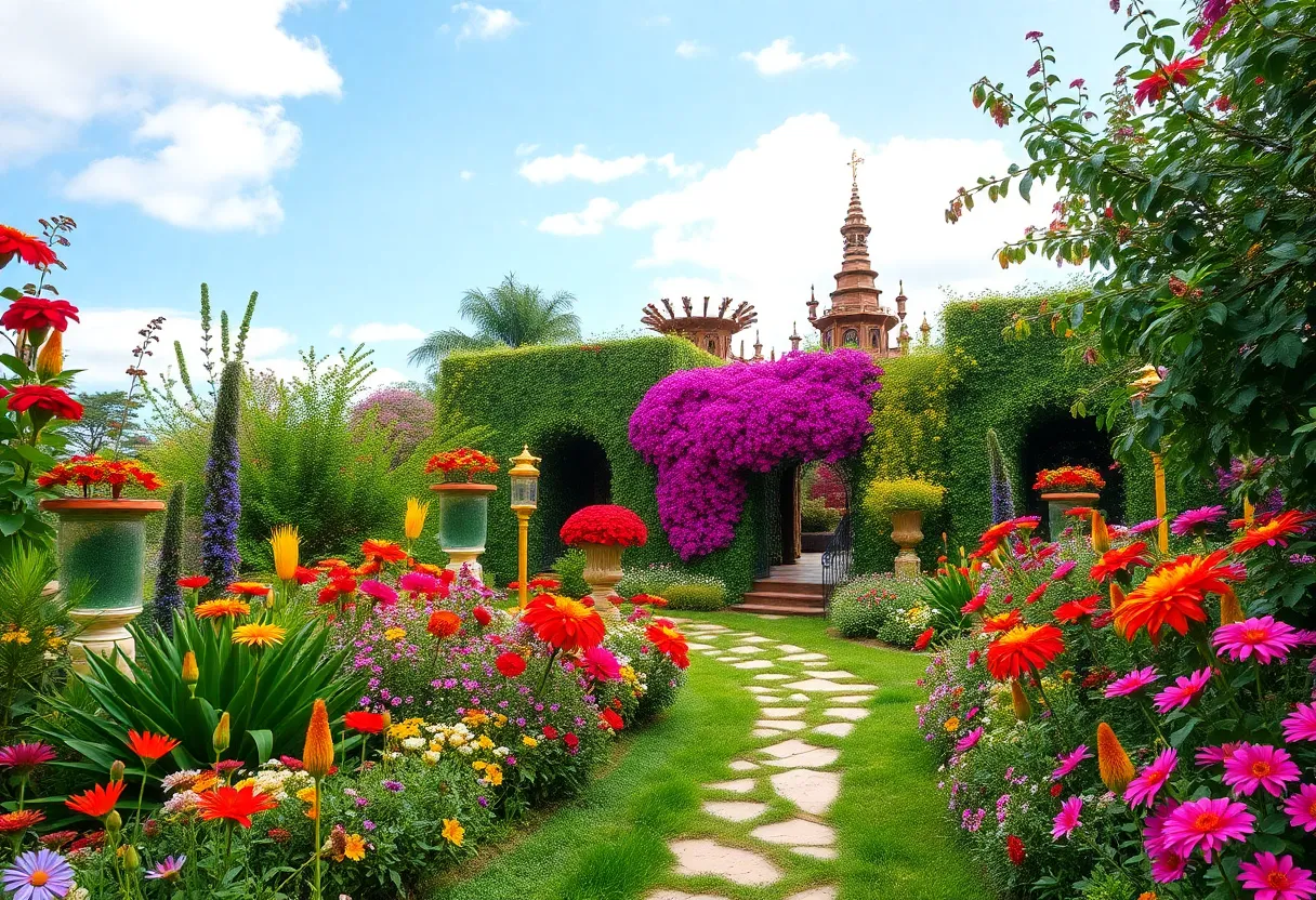 A beautiful garden filled with colorful flowers and greenery representing 'The Secret Garden' musical.