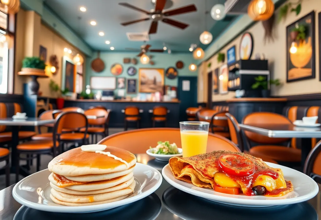 Delicious breakfast items including pancakes, omelettes, and tacos in a trendy diner setting