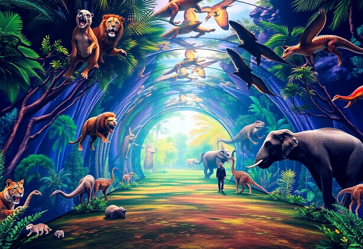 A mesmerizing holographic tunnel with various animals in the Zoocade holographic zoo.