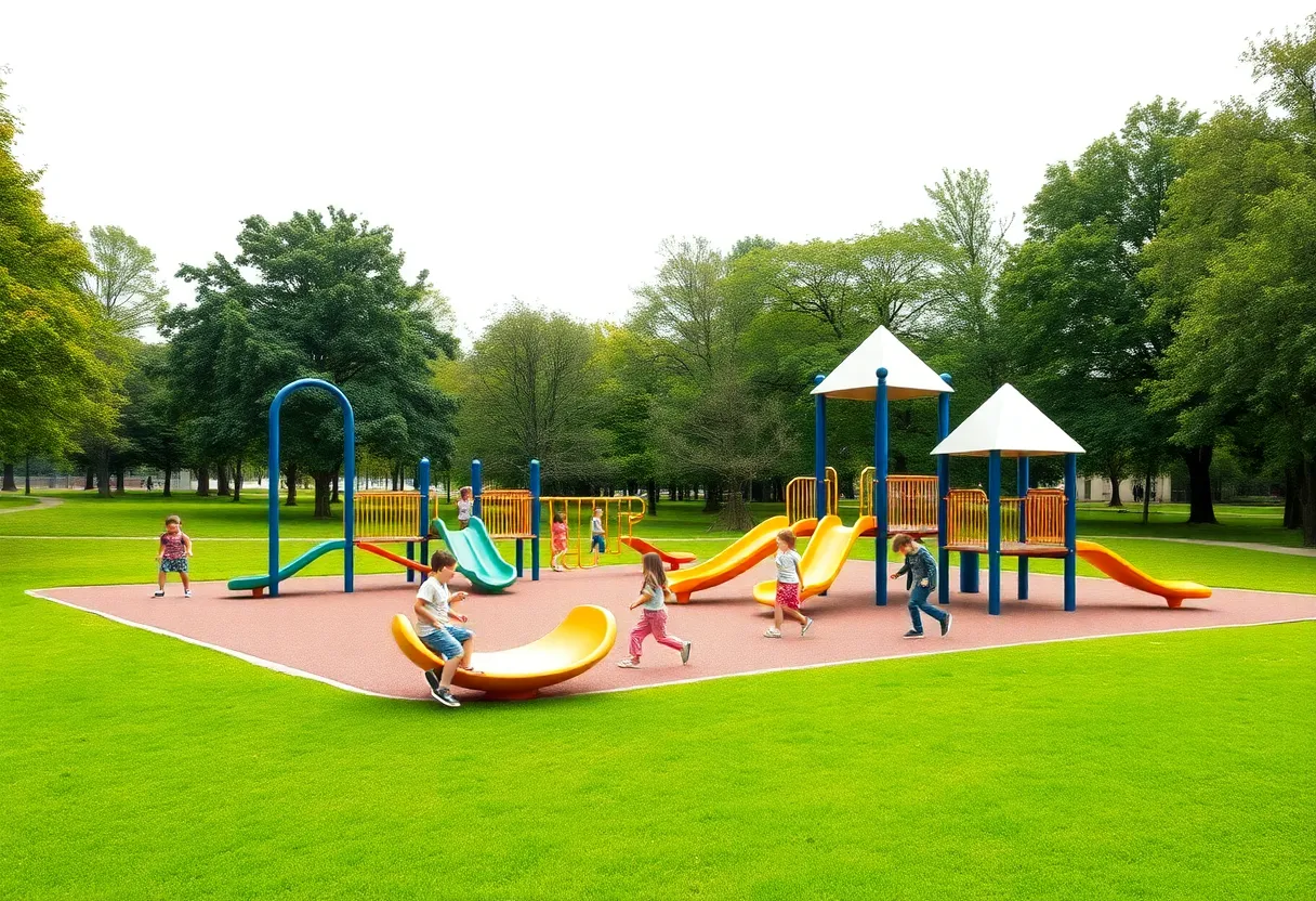 Children playing on new playground equipment at Barley Field Park