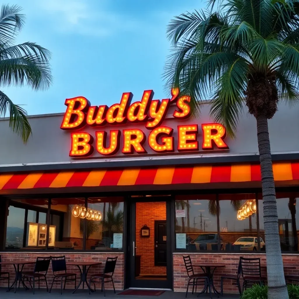 Facade of Buddy's Burger restaurant in Round Rock with outdoor seating