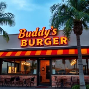 Facade of Buddy's Burger restaurant in Round Rock with outdoor seating