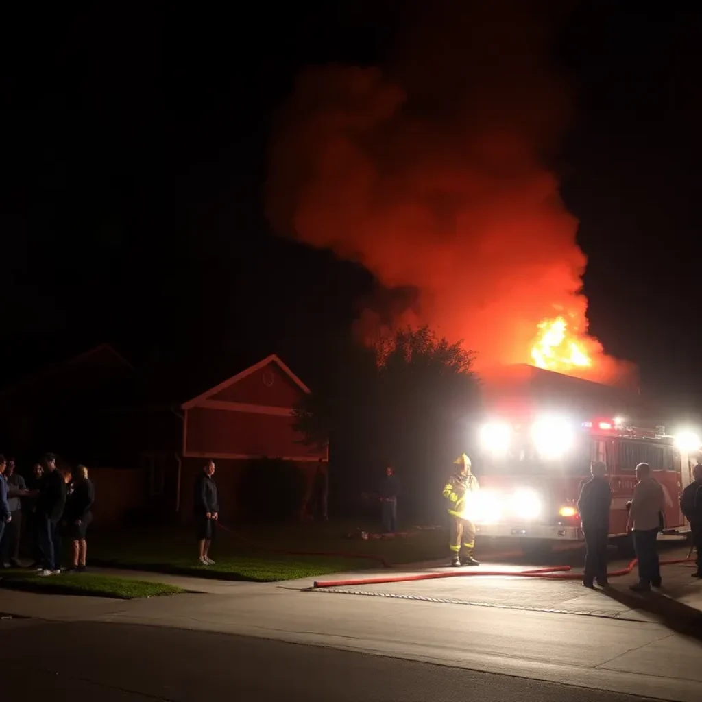 Firefighters responding to a residential fire in Cedar Park, Texas at night.