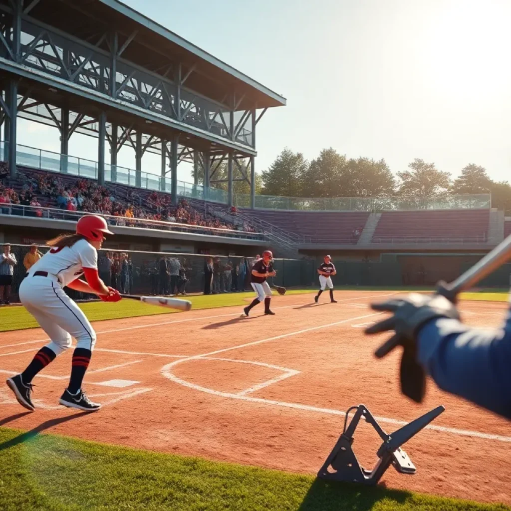 Players from Centenary softball competing during a game with energetic fans in the background.