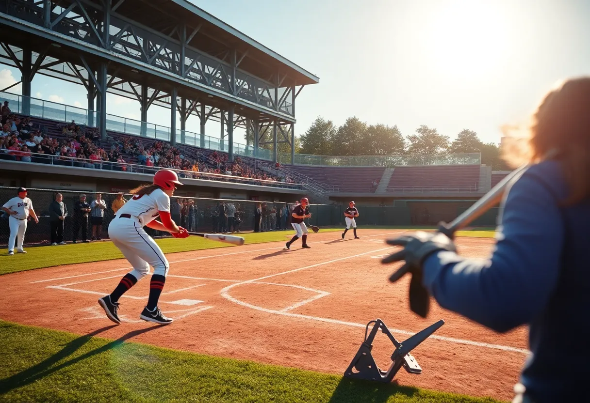 Players from Centenary softball competing during a game with energetic fans in the background.