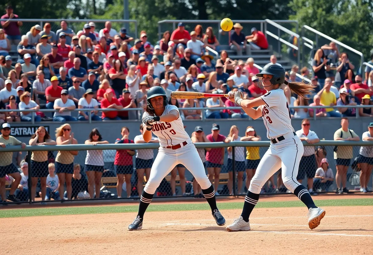 Centenary Ladies and Southwestern University Pirates in action during a softball game.