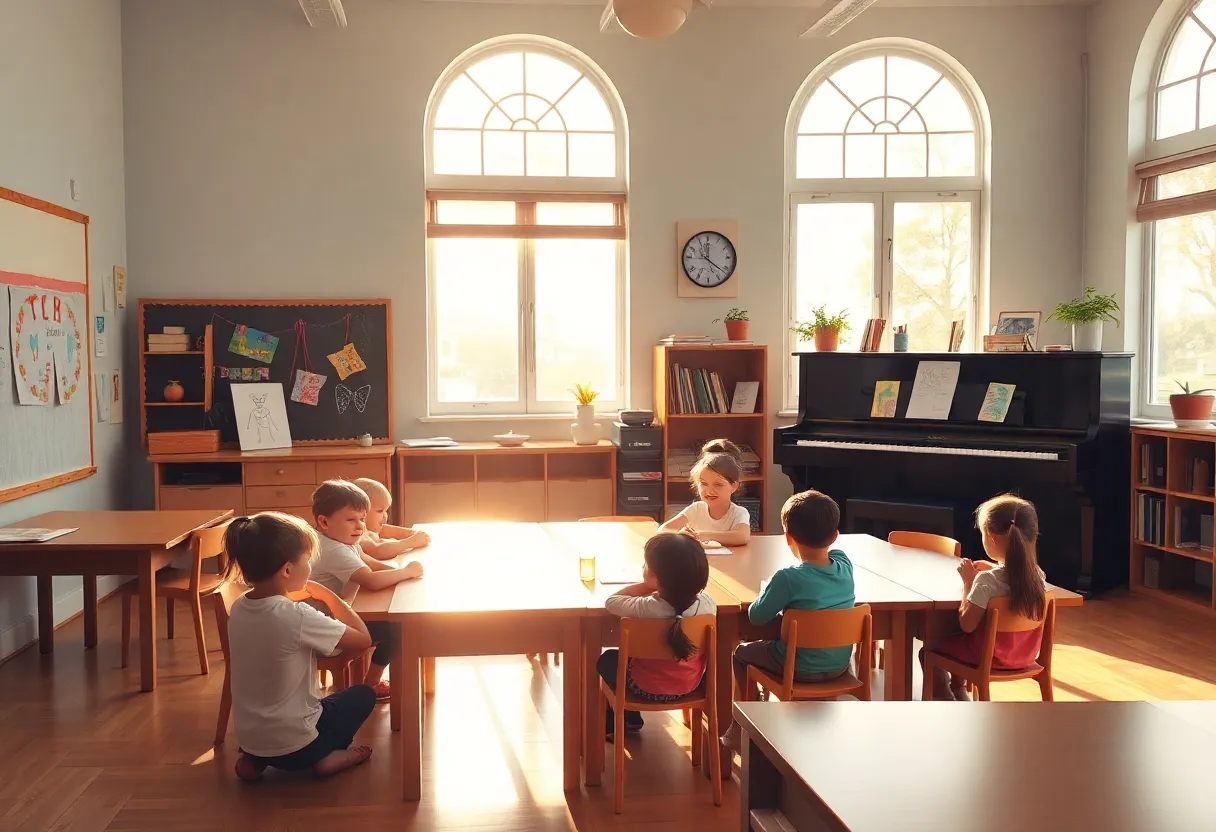 A warm classroom filled with children's artwork and a piano, symbolizing a nurturing educational environment.
