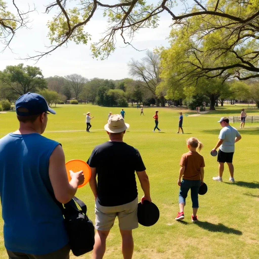 Players competing in a disc golf tournament in Austin, Texas