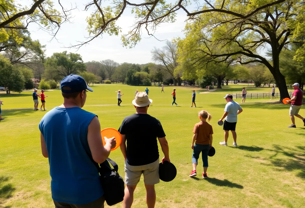 Players competing in a disc golf tournament in Austin, Texas