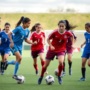 High school soccer players in a competitive match