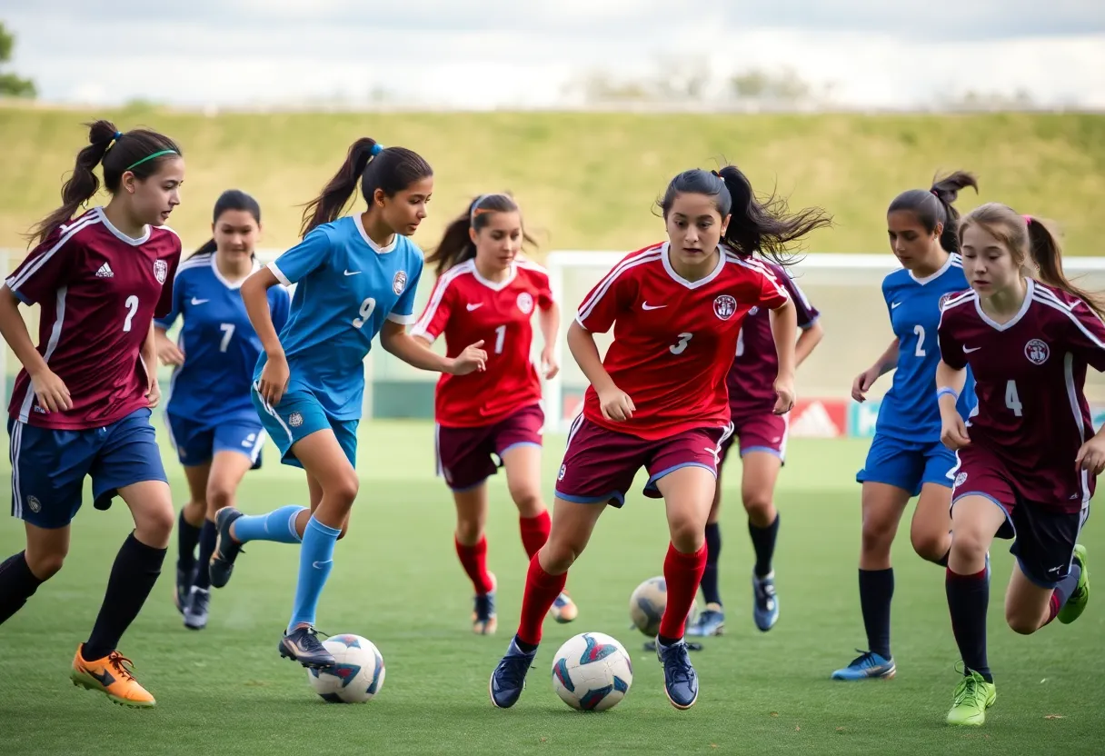 High school soccer players in a competitive match
