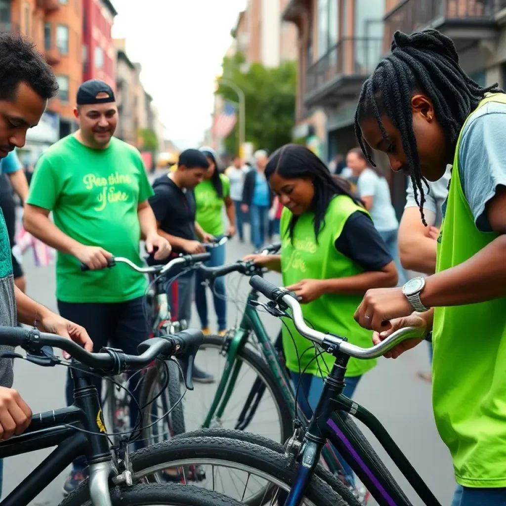 Volunteers repairing bicycles at Georgetown Free Bikes location