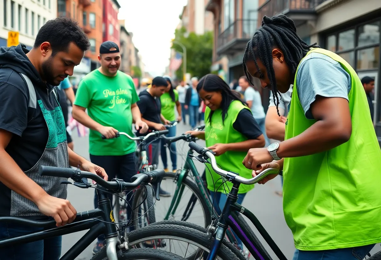 Volunteers repairing bicycles at Georgetown Free Bikes location