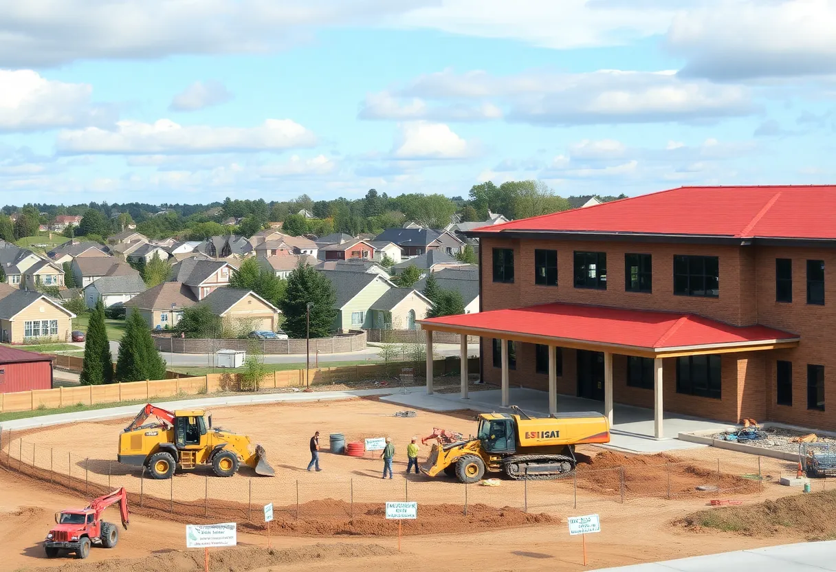 Construction site of Georgetown High School with workers and machinery