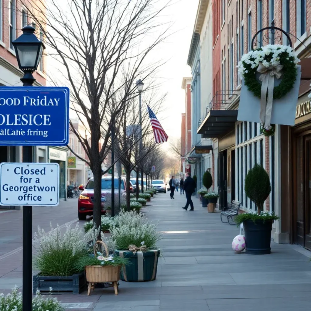 Georgetown city scene decorated for holidays with closed signs