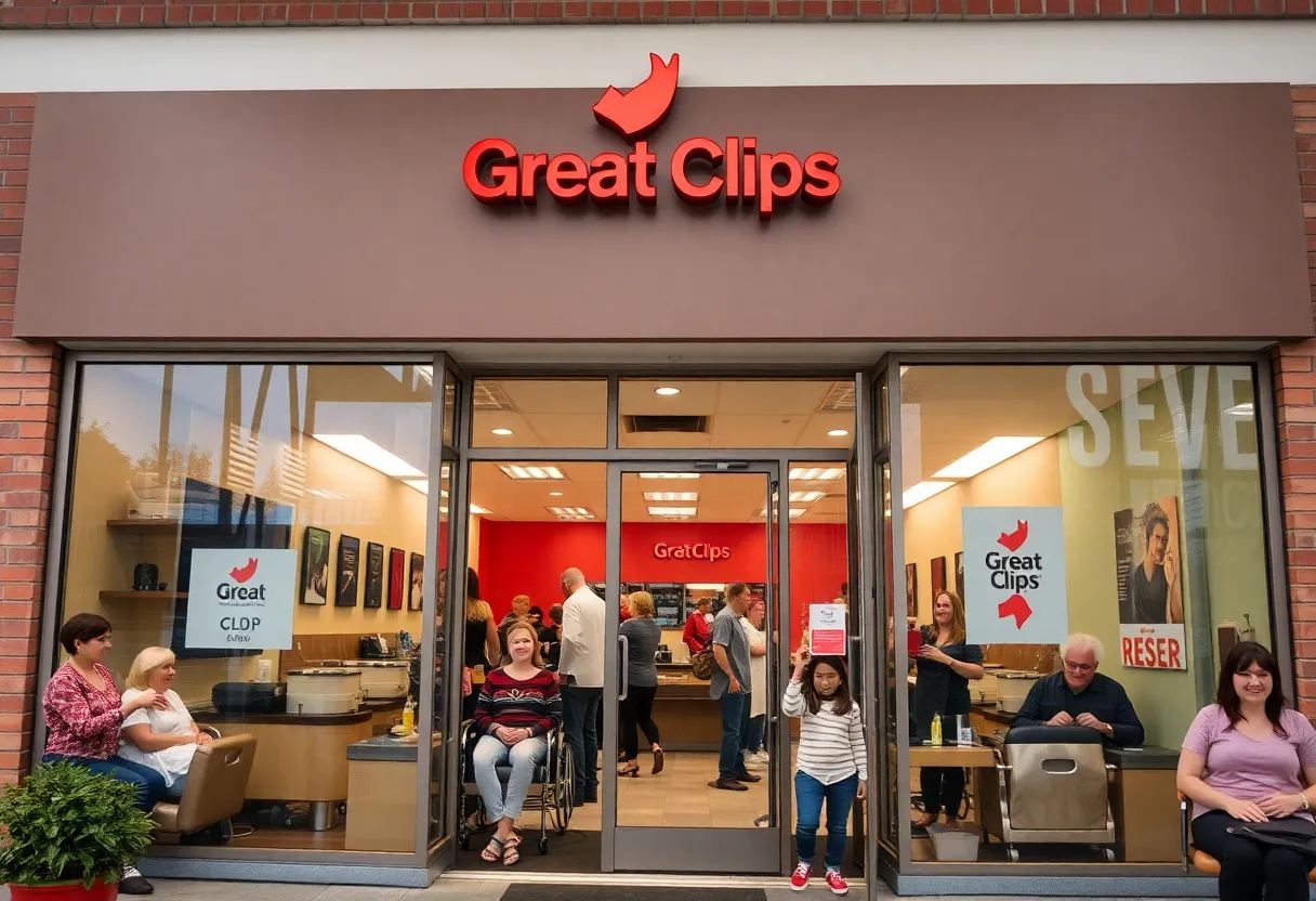 Exterior view of a Great Clips salon with customers getting haircuts