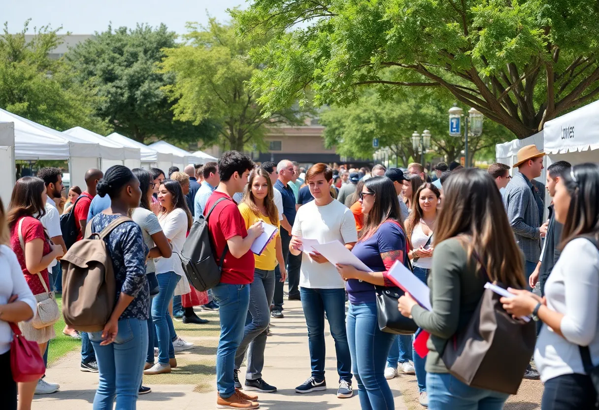 Job seekers at a job fair in Southwest University Park