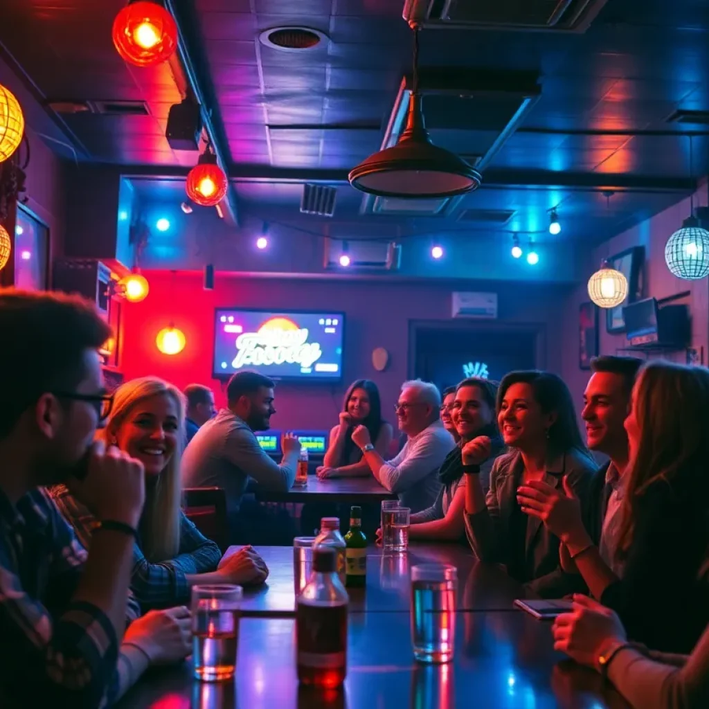 A vibrant bar scene filled with patrons enjoying karaoke night