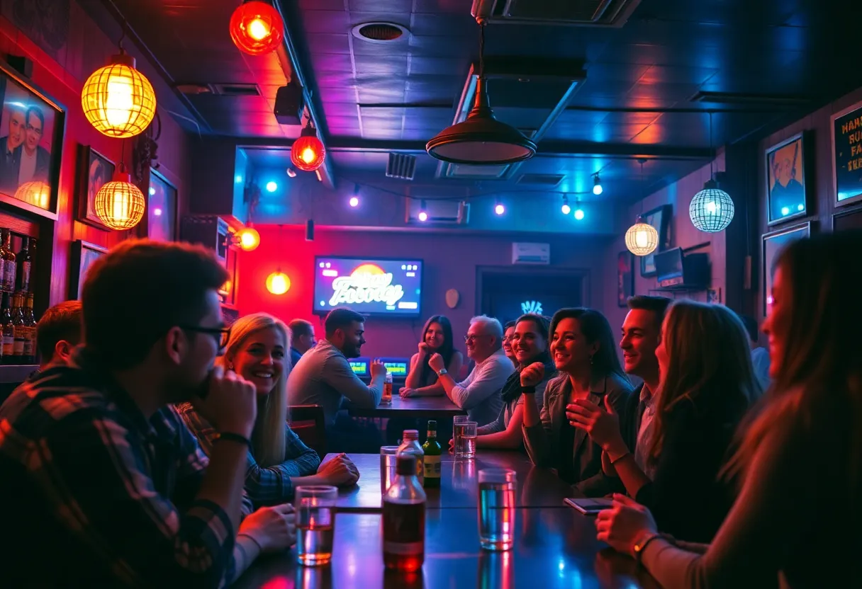A vibrant bar scene filled with patrons enjoying karaoke night