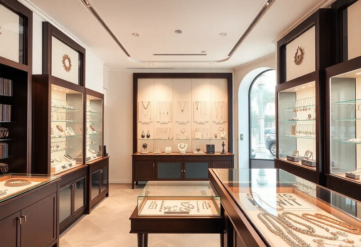 Elegant interior of Liberty Hill Jewelry with displayed jewelry.