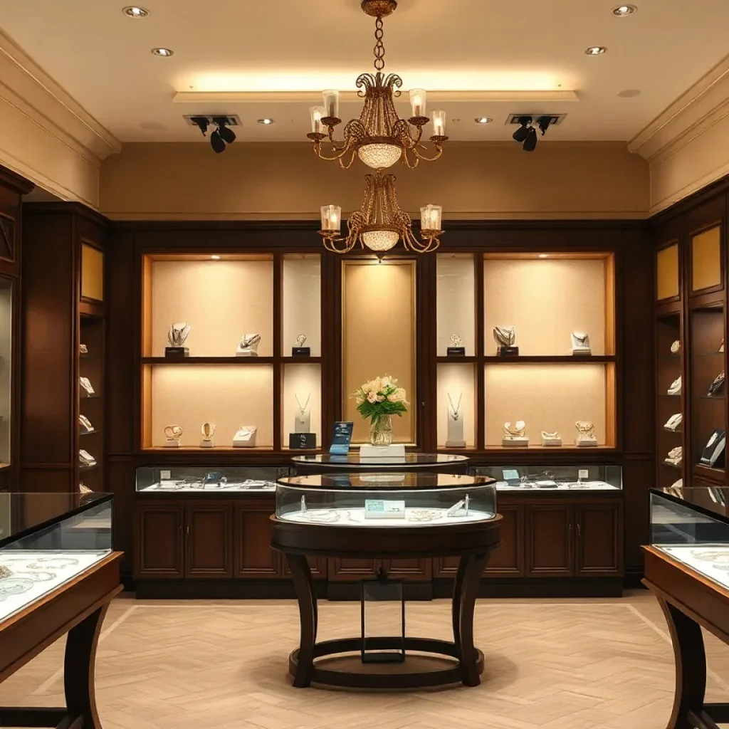 Interior of Liberty Hill Jewelry displaying elegant jewelry pieces