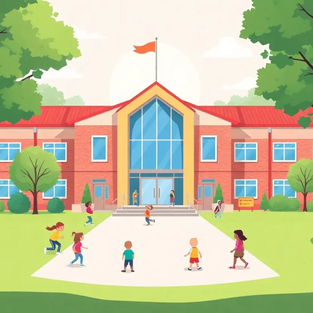 Illustration of a modern school building with children.