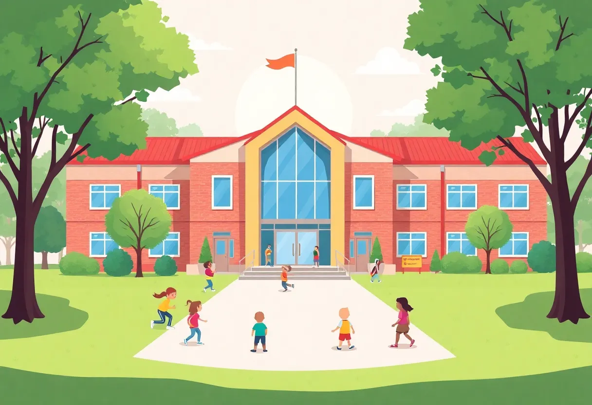 Illustration of a modern school building with children.