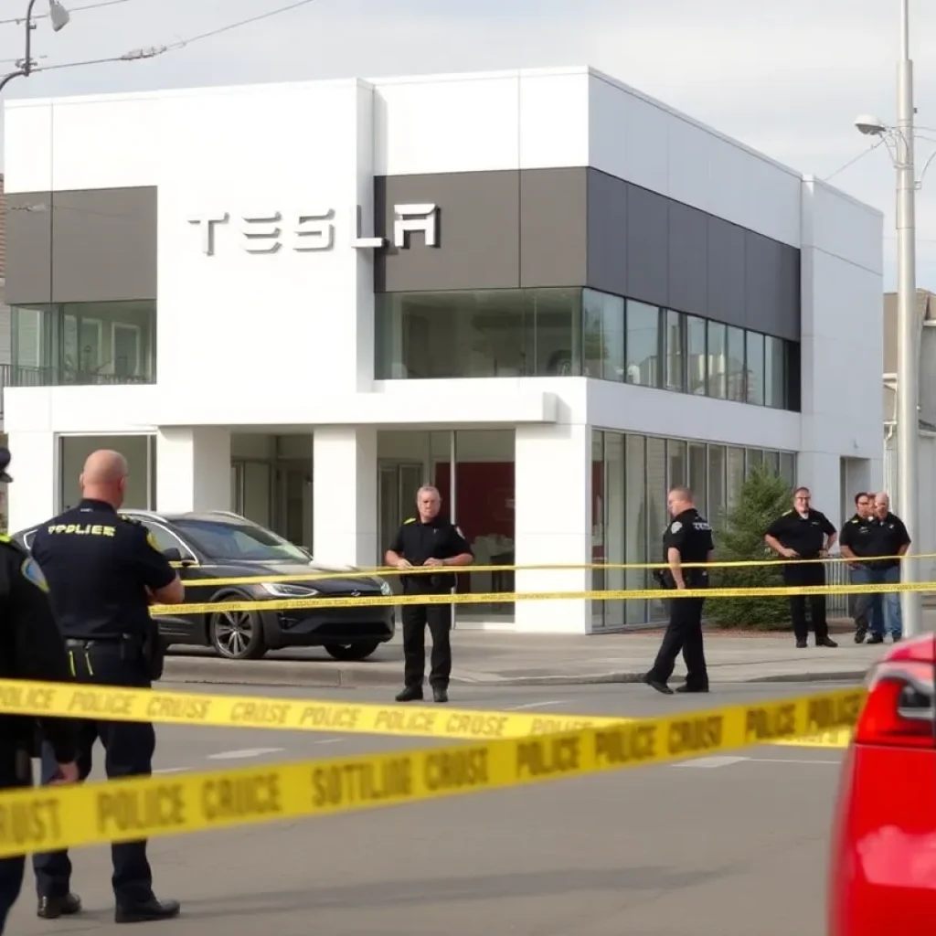 Police activity at a North Austin Tesla dealership following the discovery of incendiary devices.