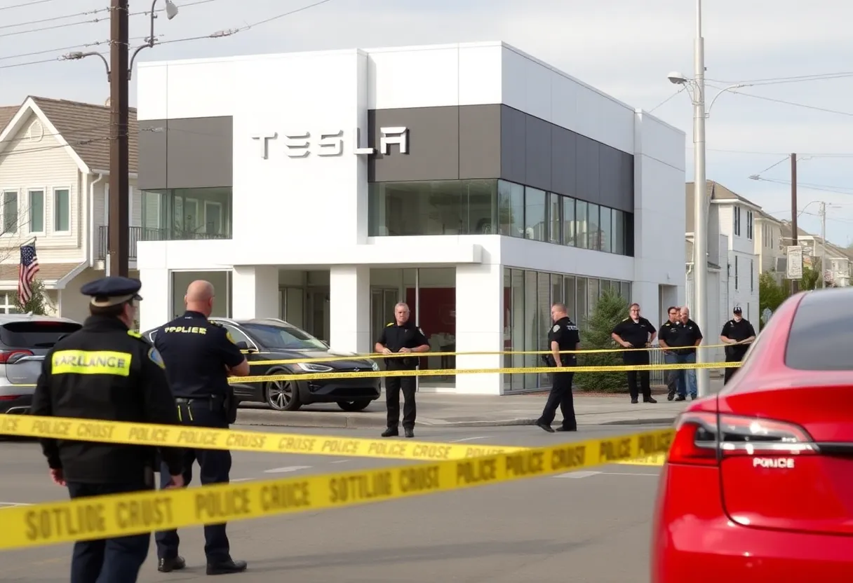Police activity at a North Austin Tesla dealership following the discovery of incendiary devices.