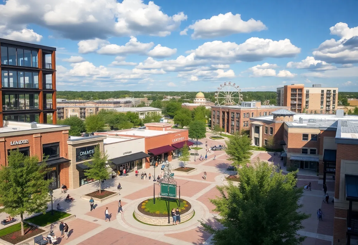 Rendering of the Northline development in Leander, Texas, featuring commercial and residential spaces.