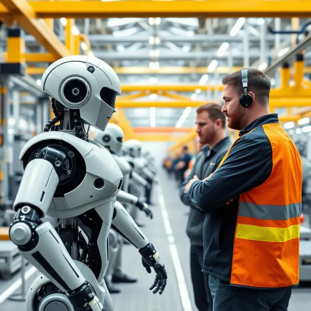 Humanoid robots and engineers collaborating in a manufacturing environment