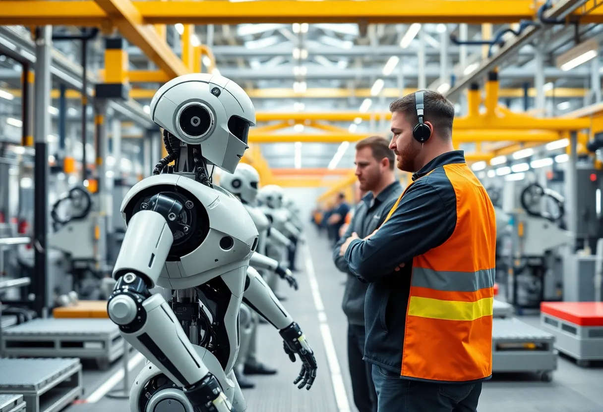 Humanoid robots and engineers collaborating in a manufacturing environment