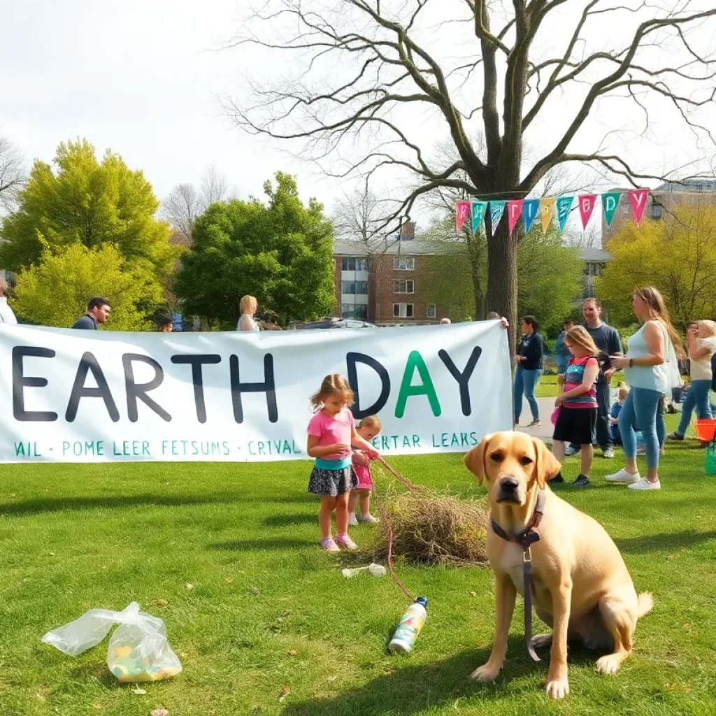 A festive scene from the Round Rock Earth Day celebration with families and pets participating in various activities.