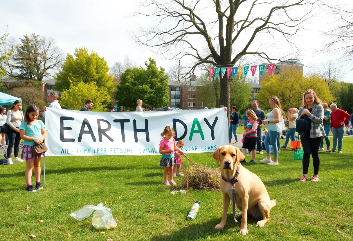 A festive scene from the Round Rock Earth Day celebration with families and pets participating in various activities.