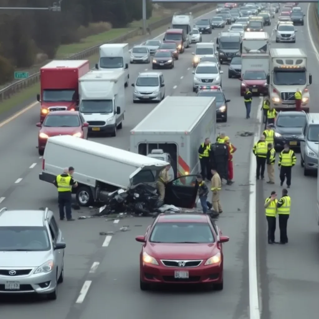 Emergency responders at the scene of a multi-vehicle crash on Interstate 35