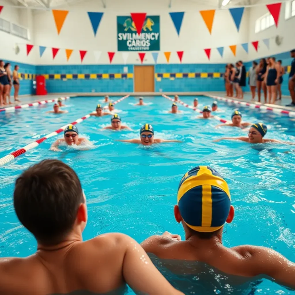 Swimmers practicing in a college swimming pool with a supportive team atmosphere.