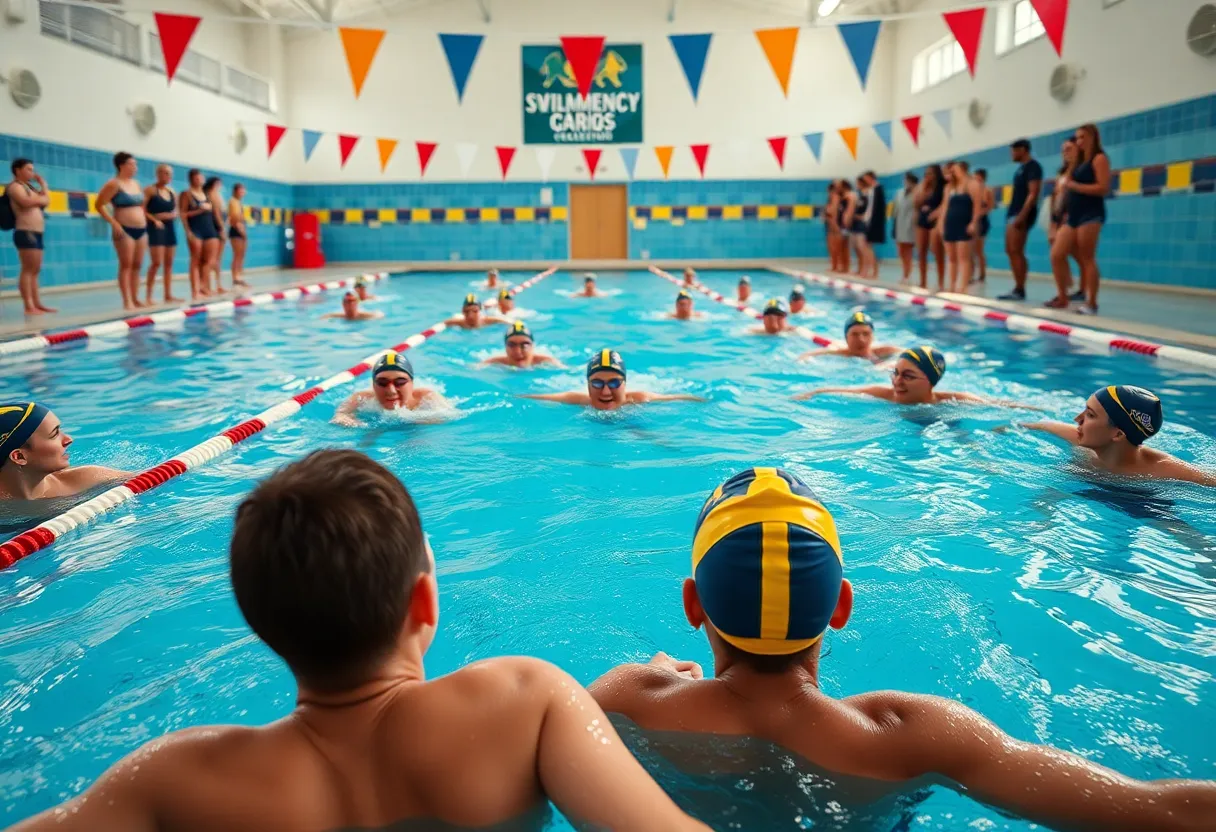 Swimmers practicing in a college swimming pool with a supportive team atmosphere.