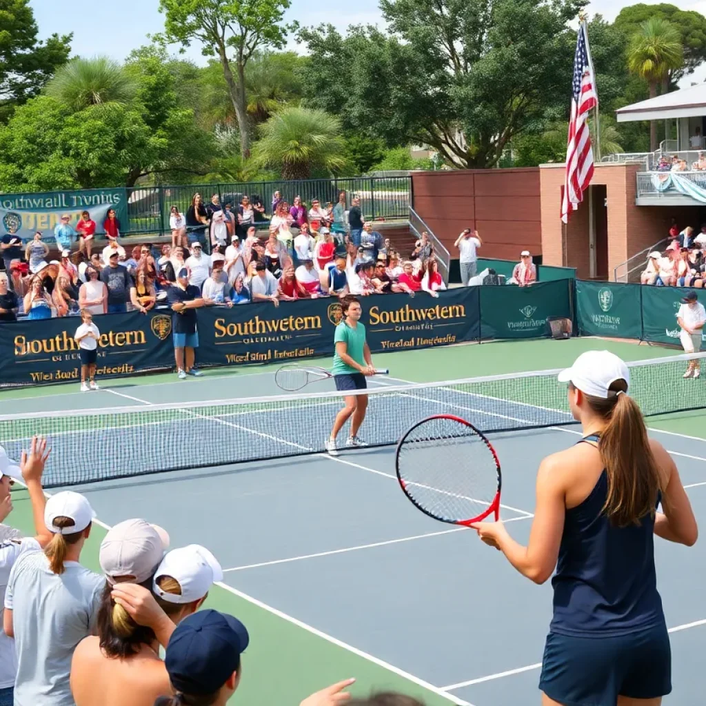Southwestern University Women's Tennis team in action during a match